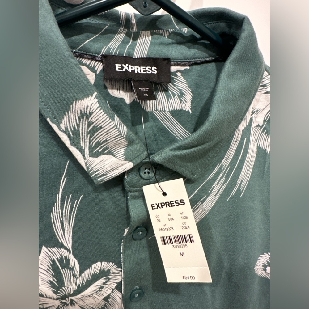 Express Men’s NWT Teal Green Floral Polo Shirt - Picture 3 of 4